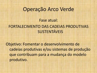 Operação Arco Verde
               Fase atual:
 FORTALECIMENTO DAS CADEIAS PRODUTIVAS
              SUSTENTÁVEIS

Objetivo: Fomentar o desenvolvimento de
 cadeias produtivas e/ou sistemas de produção
 que contribuam para a mudança do modelo
 produtivo.
 