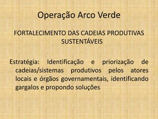 Operação Arco Verde
 FORTALECIMENTO DAS CADEIAS PRODUTIVAS
              SUSTENTÁVEIS

Estratégia: Identificação e priorização de
  cadeias/sistemas produtivos pelos atores
  locais e órgãos governamentais, identificando
  gargalos e propondo soluções
 