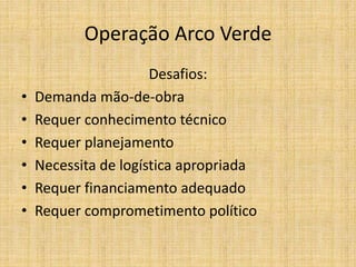 Operação Arco Verde
                      Desafios:
•   Demanda mão-de-obra
•   Requer conhecimento técnico
•   Requer planejamento
•   Necessita de logística apropriada
•   Requer financiamento adequado
•   Requer comprometimento político
 
