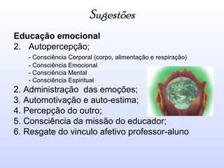 Sugestões Educação emocional Autopercepção; - Consciência Corporal (corpo, alimentação e respiração) - Consciência Emocional - Consciência Mental - Consciência Espiritual 2. Administração  das emoções; 3. Automotivação e auto-estima;  4. Percepção do outro; 5. Consciência da missão do educador; 6. Resgate do vinculo afetivo professor-aluno  