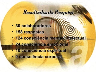 Resultados da Pesquisa 30 colaboradores 158 respostas 124 consciência mental/intelectual 24 consciência emocional 10 consciência espiritual 0 consciência corporal 