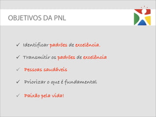 OBJETIVOS DA PNL


   Identificar padrões de excelência.

   Transmitir os padrões de excelência

   Pessoas saudáveis

   Priorizar o que é fundamental

   Paixão pela vida!
 