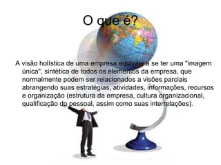 O que é? A visão holística de uma empresa equivale a se ter uma "imagem única", sintética de todos os elementos da empresa, que normalmente podem ser relacionados a visões parciais abrangendo suas estratégias, atividades, informações, recursos e organização (estrutura da empresa, cultura organizacional, qualificação do pessoal, assim como suas interrelações).  