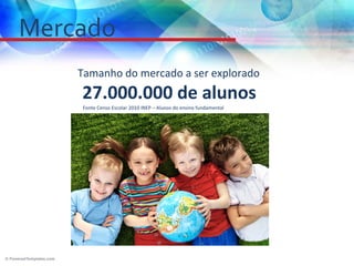 Mercado
    Tamanho do mercado a ser explorado
    27.000.000 de alunos
    Fonte Censo Escolar 2010 INEP – Alunos do ensino fundamental
 