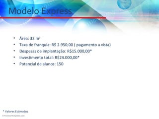 Modelo Express

        •   Área: 32 m2
        •   Taxa de franquia: R$ 2.950,00 ( pagamento a vista)
        •   Despesas de implantação: R$15.000,00*
        •   Investimento total: R$24.000,00*
        •   Potencial de alunos: 150




* Valores Estimados
 