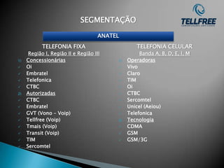 SEGMENTAÇÃO

                                     ANATEL
            TELEFONIA FIXA                         TELEFONIA CELULAR
      Região I, Região II e Região III              Banda A, B, D, E, l, M
1)   Concessionárias                      1)   Operadoras
    Oi                                       Vivo
    Embratel                                 Claro
    Telefonica                               TIM
    CTBC                                     Oi
2)   Autorizadas                              CTBC
    CTBC                                     Sercomtel
    Embratel                                 Unicel (Aeiou)
    GVT (Vono – Voip)                        Telefonica
    Tellfree (Voip)                      2)   Tecnologia
    Tmais (Voip)                             CDMA
    Transit (Voip)                           GSM
    TIM                                      GSM/3G
    Sercomtel
 