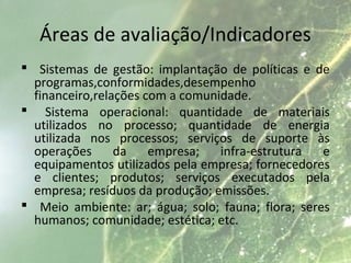 Áreas de avaliação/Indicadores
 Sistemas de gestão: implantação de políticas e de
programas,conformidades,desempenho
financeiro,relações com a comunidade.
 Sistema operacional: quantidade de materiais
utilizados no processo; quantidade de energia
utilizada nos processos; serviços de suporte às
operações da empresa; infra-estrutura e
equipamentos utilizados pela empresa; fornecedores
e clientes; produtos; serviços executados pela
empresa; resíduos da produção; emissões.
 Meio ambiente: ar; água; solo; fauna; flora; seres
humanos; comunidade; estética; etc.
 