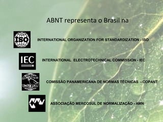 ABNT representa o Brasil na
INTERNATIONAL ORGANIZATION FOR STANDARDIZATION - ISO
INTERNATIONAL ELECTROTECHNICAL COMMISSION - IEC
COMISSÃO PANAMERICANA DE NORMAS TÉCNICAS - COPANT
ASSOCIAÇÃO MERCOSUL DE NORMALIZAÇÃO - AMN
 