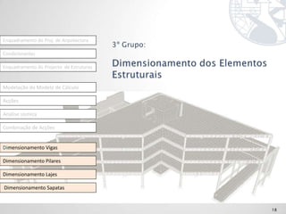 Enquadramento do Proj. de Arquitectura

Condicionantes

Enquadramento do Projecto de Estruturas


Modelação do Modelo de Cálculo

Acções

Análise sísmica

Combinação de Acções


Dimensionamento Vigas

Dimensionamento Pilares

Dimensionamento Lajes

Dimensionamento Sapatas


                                          18
 