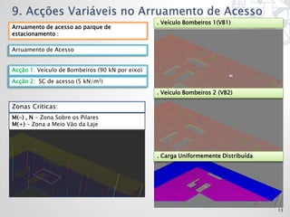 . Veículo Bombeiros 1(VB1)
Arruamento de acesso ao parque de
estacionamento :

Arruamento de Acesso


Acção 1: Veículo de Bombeiros (90 kN por eixo)

Acção 2: SC de acesso (5 kN/m2)
                                                 . Veículo Bombeiros 2 (VB2)

Zonas Críticas:
M(-) , N - Zona Sobre os Pilares
M(+) - Zona a Meio Vão da Laje




                                                 . Carga Uniformemente Distribuída




                                                                                     13
 