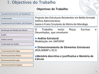 Objectivos do Trabalho:
Enquadramento do Proj. de Arquitectura

Condicionantes                            Projecto das Estruturas Resistentes em Betão Armado
                                          Edifício Administrativo
Enquadramento do Projecto de Estruturas
                                          Apoio à Frota Circulante do Metro do Mondego

Modelação do Modelo de Cálculo            O    Trabalho    inclui   Peças       Escritas        e
                                          Desenhadas, que envolvem:
Acções

Análise sísmica                            Análise Estrutural
                                          Modelação em SAP2000
Combinação de Acções
                                            Dimensionamento de Elementos Estruturais
Dimensionamento Vigas                     (RSA,REBAP e EC2)

Dimensionamento Pilares                    Memória descritiva e Justificativa e Memória de
Dimensionamento Lajes                     Cálculo

Dimensionamento Sapatas


                                                                                                2
 