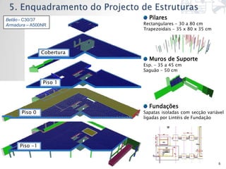 Betão - C30/37               Pilares
                               Núcleos N1 e N2
Armadura – A500NR          Rectangulares - 30 a 80 cm
                             Esp. =25cm
                           Trapezoidais - 35 x 80 x 35 cm




               Cobertura
                             Muros de Suporte
                           Esp. - 35 a 45 cm
                                            N1    N2
                           Saguão - 50 cm
                               Laje
                             Lajes Fungiformes maciças:
               Piso 1
                             Piso Corrente - 30 cm
                             Cobertura - 30 cm
                             Arruamentos - 32 a 38 cm
                             Logradouro - 32 cm
                             Fundações
      Piso 0               Sapatas isoladas com secção variável
                              Escadas – 35cm
                           ligadas por Lintéis de Fundação

                               Vigas de Bordadura
                             35 x 80 cm

     Piso -1


                                                            6
 