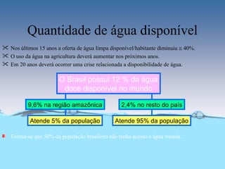 Quantidade de água disponível
 Nos últimos 15 anos a oferta de água limpa disponível/habitante diminuiu ≅ 40%.
 O uso da água na agricultura deverá aumentar nos próximos anos.
 Em 20 anos deverá ocorrer uma crise relacionada a disponibilidade de água.

                        O Brasil possui 12 % da água
                         doce disponível no mundo

          9,6% na região amazônica                2,4% no resto do país

           Atende 5% da população               Atende 95% da população

   Estima-se que 50% da população brasileira não tenha acesso a água tratada.
 
