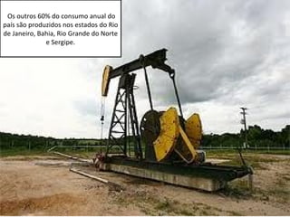 Os outros 60% do consumo anual do
país são produzidos nos estados do Rio
de Janeiro, Bahia, Rio Grande do Norte
              e Sergipe.
 