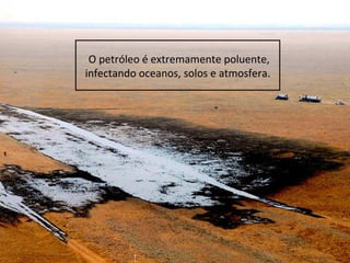 O petróleo é extremamente poluente,
infectando oceanos, solos e atmosfera.
 