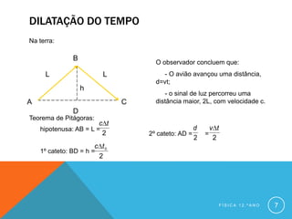 DILATAÇÃO DO TEMPO
Na terra:

               B
                                      O observador concluem que:
     L                     L             - O avião avançou uma distância,
                                      d=vt;
                   h
                                         - o sinal de luz percorreu uma
A                               C     distância maior, 2L, com velocidade c.
               D
Teorema de Pitágoras:
                          c t
    hipotenusa: AB = L =                              d       v t
                           2        2º cateto: AD =       =
                                                      2        2
                        c t0
    1º cateto: BD = h =
                         2




                                                                    FÍSICA 12.ºANO   7
 