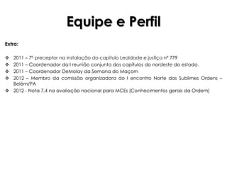 Equipe e Perfil
Extra:

 2011 – 7º preceptor na instalação do capitulo Lealdade e justiça nº 779
 2011 – Coordenador da I reunião conjunta dos capítulos do nordeste do estado.
 2011 – Coordenador DeMolay da Semana do Maçom
 2012 – Membro da comissão organizadora do I encontro Norte das Sublimes Ordens –
  Belém/PA
 2012 - Nota 7,4 na avaliação nacional para MCEs (Conhecimentos gerais da Ordem)
 