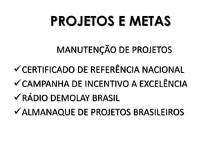 PROJETOS E METAS

        MANUTENÇÃO DE PROJETOS

CERTIFICADO DE REFERÊNCIA NACIONAL
CAMPANHA DE INCENTIVO A EXCELÊNCIA
RÁDIO DEMOLAY BRASIL
ALMANAQUE DE PROJETOS BRASILEIROS
 