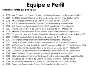 Equipe e Perfil
Principais eventos que participou:

   2007 - XXV Encontro de Lideres Estadual da Ordem DeMolay do RN – Mossoró/RN
   2007 - XXVIII Congresso Estadual da Ordem DeMolay do RN – Pau dos Ferros/RN
   2008 - XXIX Congresso Estadual da Ordem DeMolay do RN – Assú/RN
   2008 - V Simpósio Medieval da Ordem da Cavalaria do RN – Umarizal/RN
   2009 - XXX Congresso Estadual da Ordem DeMolay do RN – Caraúbas/RN
   2009 - VI Simpósio Medieval da Ordem da Cavalaria do RN – Mossoró/RN
   2009 - XXVI Encontro de Lideres Estadual da Ordem DeMolay do RN – Apodi/RN
   2010 - Encontro do Malhete Estadual da Ordem DeMolay da PB - Catolé do Rocha/PB
   2010 - XXXI Congresso Estadual da Ordem DeMolay do RN – Caicó/RN
   2010 - VI Congresso Nacional da Ordem DeMolay Brasileira – Brasília/DF
   2010 - Congresso Estadual da Ordem DeMolay da PB – Campina Grande/PB
   2010 - VII Simpósio Medieval da Ordem da Cavalaria do RN – São Paulo do Potengi/RN
   2010 - XXVII Encontro de Lideres Estadual da Ordem DeMolay do RN – Natal/RN
   2011 - I Conselho de Aprimoramento de Mestres Conselheiros do RN – Martins/RN
   2011 - XXXII Congresso Estadual da Ordem DeMolay do RN – Mossoró/RN
   2011 - II Conselho de Aprimoramento de Mestres Conselheiros do RN – Macaíba/RN
   2011 - VII Congresso Nacional da Ordem DeMolay Brasileira – Tramandaí/RS
   2011 - VIII Simpósio Medieval da Ordem da Cavalaria do RN – Caraúbas/RN
   2011 - Congresso Estadual da Ordem DeMolay da PB – Piancó/PB
 