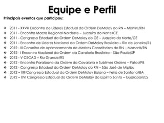 Equipe e Perfil
Principais eventos que participou:

   2011 - XXVIII Encontro de Lideres Estadual da Ordem DeMolay do RN – Martins/RN
   2011 - Encontro Macro Regional Nordeste – Juazeiro do Norte/CE
   2011 - Congresso Estadual da Ordem DeMolay do CE – Juazeiro do Norte/CE
   2011 - Encontro de Lideres Nacional da Ordem DeMolay Brasileira – Rio de Janeiro/RJ
   2012 - III Conselho de Aprimoramento de Mestres Conselheiros do RN – Mossoró/RN
   2012 - I Encontro Nacional da Ordem da Cavalaria Brasileira – São Paulo/SP
   2012 - V CECAD – Rio Grande/RS
   2012 - Encontro Paraibano da Ordem da Cavalaria e Sublimes Ordens – Patos/PB
   2012 - Congresso Estadual da Ordem DeMolay do RN – São José de Mipibu
   2012 – XIII Congresso Estadual da Ordem DeMolay Baiana – Feira de Santana/BA
   2012 – XVI Congresso Estadual da Ordem DeMolay do Espírito Santo – Guarapari/ES
 