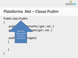 Plataforma .Net – Classe Pudim
Public class Pudim
{
   public string Tamanho { get ; set ; }
   public Nome da Formato{ get ; set ; }
           string
          classe (inicia
            com letra
     public void Estragar()
           maiúscula)

    {

    }
}
 