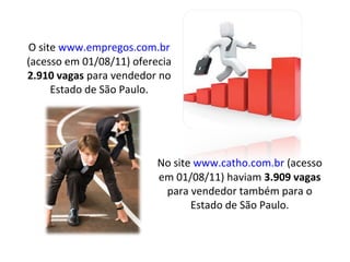 O site www.empregos.com.br
(acesso em 01/08/11) oferecia
2.910 vagas para vendedor no
     Estado de São Paulo.




                          No site www.catho.com.br (acesso
                          em 01/08/11) haviam 3.909 vagas
                           para vendedor também para o
                                 Estado de São Paulo.
 