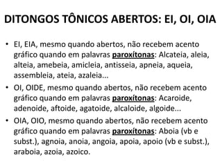 DITONGOS TÔNICOS ABERTOS: EI, OI, OIA
• EI, EIA, mesmo quando abertos, não recebem acento
  gráfico quando em palavras paroxítonas: Alcateia, aleia,
  alteia, amebeia, amicleia, antisseia, apneia, aqueia,
  assembleia, ateia, azaleia...
• OI, OIDE, mesmo quando abertos, não recebem acento
  gráfico quando em palavras paroxítonas: Acaroide,
  adenoide, aftoide, agatoide, alcaloide, algoide...
• OIA, OIO, mesmo quando abertos, não recebem acento
  gráfico quando em palavras paroxítonas: Aboia (vb e
  subst.), agnoia, anoia, angoia, apoia, apoio (vb e subst.),
  araboia, azoia, azoico.
 