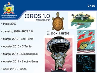 2/10
• Início 2007
• Janeiro, 2010 - ROS 1.0
• Março, 2010 - Box Turtle
• Agosto, 2010 - C Turtle
• Março, 2011 – Diamondback
• Agosto, 2011 - Electric Emys
• Abril, 2012 - Fuerte