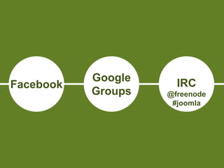 Google     IRC
Facebook
           Groups   @freenode
                     #joomla
 