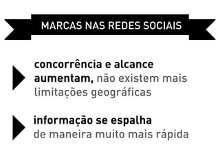 Marcas Nas REDES sociais


concorrência e alcance
aumentam, não existem mais
limitações geográficas

informação se espalha
de maneira muito mais rápida
 