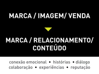 Marca / imagem/ venda


Marca / relacionamento/
       conteúdo
conexão emocional • histórias • diálogo
colaboração • experiências • reputação
 