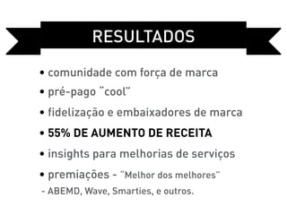 RESULTADOS
• comunidade com força de marca
• pré-pago “cool”
• fidelização e embaixadores de marca
• 55% de aumento de receita
• insights para melhorias de serviços
• premiações - “Melhor dos melhores”
- ABEMD, Wave, Smarties, e outros.
 