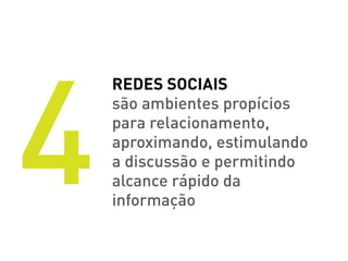 4
    redes sociais
    são ambientes propícios
    para relacionamento,
    aproximando, estimulando
    a discussão e permitindo
    alcance rápido da
    informação
 