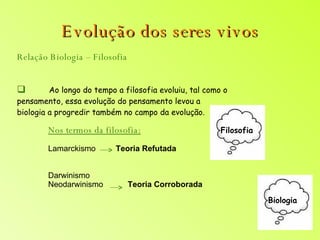 Evolução dos seres vivos Relação Biologia – Filosofia Ao longo do tempo a filosofia evoluiu, tal como o pensamento, essa evolução do pensamento levou a biologia a progredir também no campo da evolução. Nos termos da filosofia: Lamarckismo  Teoria Refutada Darwinismo Neodarwinismo  Teoria Corroborada Filosofia Biologia 