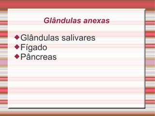 Glândulas anexas  Glândulas salivares Fígado  Pâncreas 