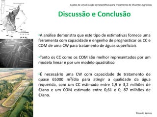 Custos de uma Estação de Macrófitas para Tratamento de Efluentes AgrícolasAbordagem – Cálculo de CC e de COM1º)   Índice de Deflação (ID) para o ano de estudo:onde TI é a taxa de inflação2º)   Actualização do montante para o ano de referência:onde V é o valor do montante e ID o Índice de Deflação3º) Dedução do montante em Euros:	onde V é o valor do montante e TC a Taxa de CâmbioRicardo Santos