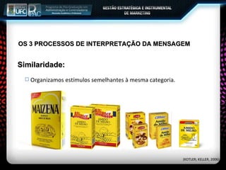 OS 3 PROCESSOS DE INTERPRETAÇÃO DA MENSAGEM Organizamos estímulos semelhantes à mesma categoria. Similaridade: (KOTLER; KELLER, 2006) 
