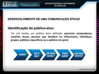 Ter em mente um público bem definido : possíveis compradores, usuários atuais, pessoas que decidem ou influenciam, indivíduos, grupos, públicos específicos ou o público em geral. Identificação do público-alvo: (KOTLER; KELLER, 2006) DESENVOLVIMENTO DE UMA COMUNICAÇÃO EFICAZ 