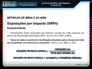 MÉTRICAS DE MÍDIA E DA WEB Exposições por Impacto (GRPs) Características : “ Classificações totais alcançadas por diversos veículos da mídia expressa em pontos de classificação (pontuação GRP)”. (Farris, et al. 2007, p.285); “ Soma de todos os pontos de classificação veiculados pelos veículos da mídia que transmitem um comercial ou campanha”.  (Farris, et al. 2007, p. 287) (FARRIS, et al. 2007) 
