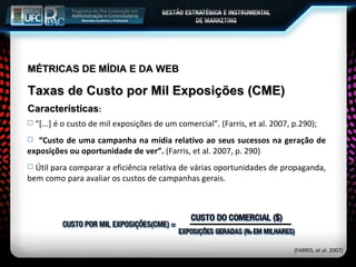 MÉTRICAS DE MÍDIA E DA WEB Taxas de Custo por Mil Exposições (CME) Características : “ [...] é o custo de mil exposições de um comercial”. (Farris, et al. 2007, p.290); “ Custo de uma campanha na mídia relativo ao seus sucessos na geração de exposições ou oportunidade de ver”.  (Farris, et al. 2007, p. 290) Útil para comparar a eficiência relativa de várias oportunidades de propaganda, bem como para avaliar os custos de campanhas gerais. (FARRIS, et al. 2007) 