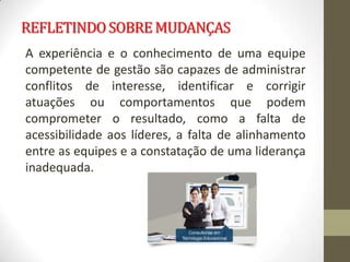 REFLETINDO SOBRE MUDANÇAS
A experiência e o conhecimento de uma equipe
competente de gestão são capazes de administrar
conflitos de interesse, identificar e corrigir
atuações ou comportamentos que podem
comprometer o resultado, como a falta de
acessibilidade aos líderes, a falta de alinhamento
entre as equipes e a constatação de uma liderança
inadequada.
 