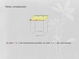 • Retas complanares




 As retas ‘r’ e ‘s’ são estritamente paralelas. As retas ‘s’ e ‘t’ são coincidentes.
 