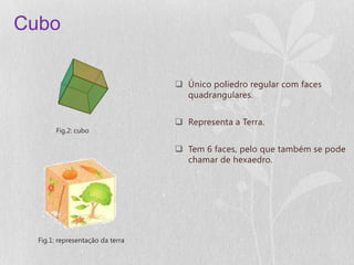Cubo

                                   Único poliedro regular com faces
                                    quadrangulares.


                                   Representa a Terra.
        Fig.2: cubo

                                   Tem 6 faces, pelo que também se pode
                                    chamar de hexaedro.




  Fig.1: representação da terra
 
