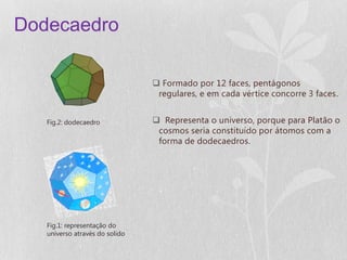 Dodecaedro

                                 Formado por 12 faces, pentágonos
                                 regulares, e em cada vértice concorre 3 faces.


   Fig.2: dodecaedro             Representa o universo, porque para Platão o
                                 cosmos seria constituído por átomos com a
                                 forma de dodecaedros.




   Fig.1: representação do
   universo através do solido
 