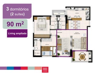 3 dormitórios
  (2 suítes)

90 m2
 Living ampliado
 