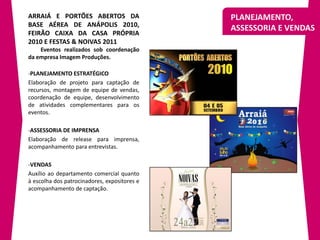 ARRAIÁ E PORTÕES ABERTOS DA                   PLANEJAMENTO,
BASE AÉREA DE ANÁPOLIS 2010,
                                              ASSESSORIA E VENDAS
FEIRÃO CAIXA DA CASA PRÓPRIA
2010 E FESTAS & NOIVAS 2011
    Eventos realizados sob coordenação
da empresa Imagem Produções.

-PLANEJAMENTO ESTRATÉGICO
Elaboração de projeto para captação de
recursos, montagem de equipe de vendas,
coordenação de equipe, desenvolvimento
de atividades complementares para os
eventos.

-ASSESSORIA DE IMPRENSA
Elaboração de release para imprensa,
acompanhamento para entrevistas.

-VENDAS
Auxílio ao departamento comercial quanto
à escolha dos patrocinadores, expositores e
acompanhamento de captação.
 