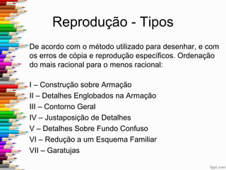 Reprodução - Tipos
significativo comprometimento das
habilidades visuo-construtivas
Distorção da configuração global
Incorporação de desenhos num elemento
maior
 