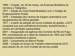 1969 – Criação, em 20 de março, da Empresa Brasileira de
Correios e Telégrafos.
1971 – Edição do Guia Postal Brasileiro com o Código de
Endereçamento Postal.
1976 – Instalação dos centros de triagem automática com
equipamentos de última geração.
1977 – A partir da adoção de novos modelos de gestão, a ECT
conquista sua auto-suficiência financeira, transformando o
correio em atividade superavitária.
2001 – Inauguração da agência dos Correios de Rio do Fogo-
RN, concretizando-se o ideal de cobertura de 100% dos 5.565
municípios brasileiros à época.
2002 – Lançamento do Banco Postal.
2009 – Criação do Grupo de Trabalho Interministerial (GTI)
para estudo de um novo modelo de serviço postal.
 