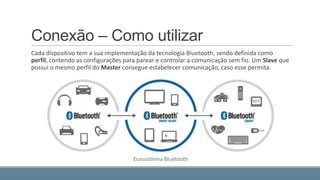 Conexão – Como utilizar
Cada dispositivo tem a sua implementação da tecnologia Bluetooth, sendo definida como
perfil, contendo as configurações para parear e controlar a comunicação sem fio. Um Slave que
possui o mesmo perfil do Master consegue estabelecer comunicação, caso esse permita.
Ecossistema Bluetooth
 