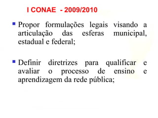 I CONAE - 2009/2010
 Propor formulações legais visando a
articulação das esferas municipal,
estadual e federal;
 Definir diretrizes para qualificar e
avaliar o processo de ensino e
aprendizagem da rede pública;
 